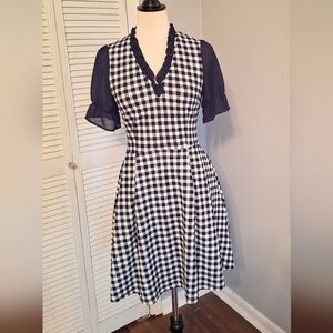 Smak Parlour Vintage Style Fit And Flare Navy and White Gingham Dress Small *L